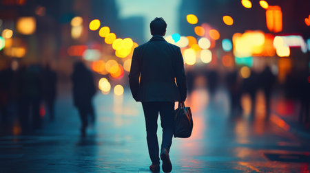A man strolls through a bustling city street at dusk surrounded by colorful lights.の素材