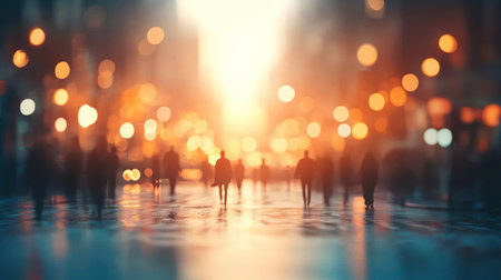 Silhouettes of people wander through a busy city street illuminated by warm lights at twilight.の素材