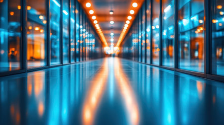 Colorful lights create reflections on a polished floor in a busy, contemporary hallway at night.の素材