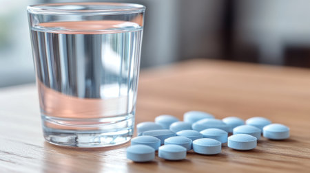 Tablets are arranged on a wooden surface alongside a glass of clear water, suggesting a moment of medication.の素材