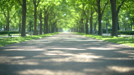 A long path bordered by vibrant green trees offers a tranquil atmosphere perfect for walking.の素材