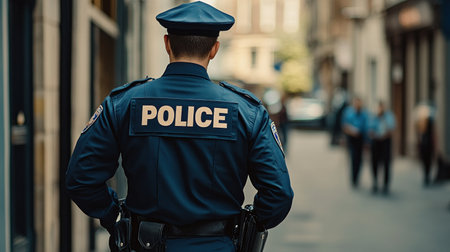Officer watches over a quiet city alley while colleagues walk in the background to ensure community safety.の素材