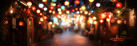 Lanterns of various colors hang above a busy street, creating a festive atmosphere at night.の素材