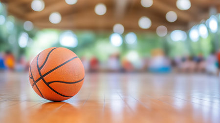 A basketball sits still on the polished wooden floor as players practice their skills in the background.の素材