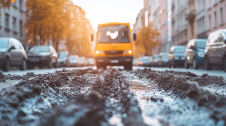 Delivery truck drives through muddy road with sun setting behind buildings, creating a warm glow.の素材