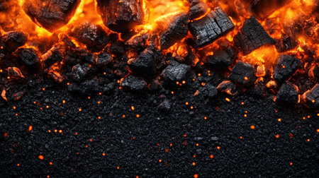 A pile of glowing embers and charred wood radiates intense heat and light in a dark environment.の素材