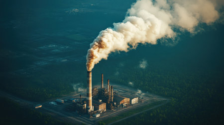 Smoke billows from a tall smokestack of a power plant surrounded by greenery at dawn.の素材