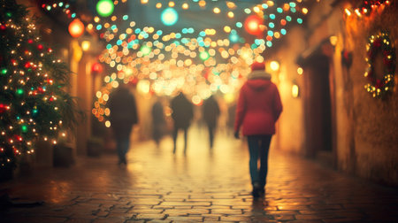 A person strolls down a cobblestone alley brightened by festive lights, creating a magical vibe.の素材