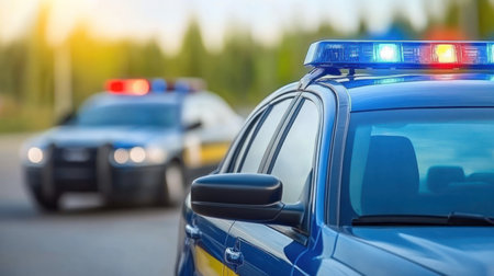 Police cars with flashing lights responding to an incident in a suburban neighborhood during daytime.の素材