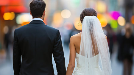 Newlyweds stroll through a lively urban area, enjoying their first moments together as a married couple.の素材