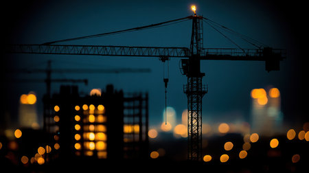 Cranes tower over buildings as construction continues at night, illuminated by city lights in the background.の素材
