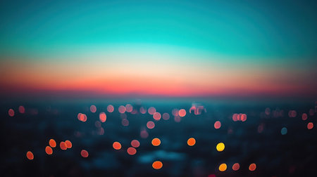 Dusk settles over a city skyline as colorful lights shimmer and blur in a captivating twilight display.の素材