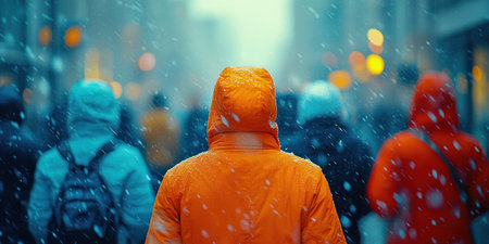 Snow falls gently as a crowd of individuals in vibrant jackets walk down a busy urban street.の素材