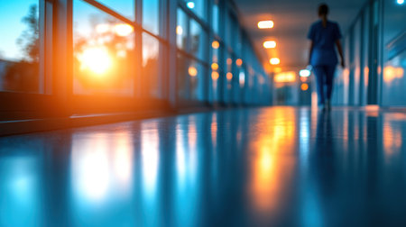 A medical worker moves through a brightly lit corridor as the sun sets, casting warm reflections.の素材