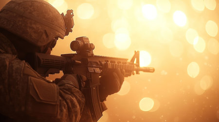 Military personnel focuses on target practice with rifle in a foggy, illuminated setting during training.の素材