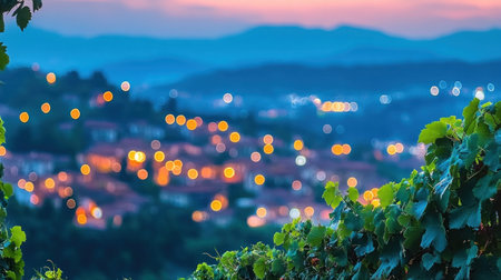 Glowing city lights twinkle as the sun sets behind distant hills and vineyards come into view.の素材