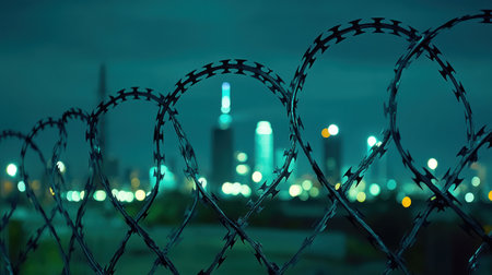 The barbed wire stands sentinel in the foreground, contrasting with vibrant city lights in the background.の素材
