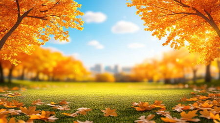 Bright orange leaves cover the ground in a park, creating a colorful autumn atmosphere on a sunny day.の素材
