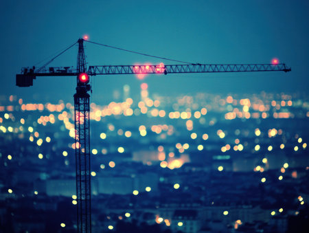 A towering crane stands against a dark sky, overseeing a bustling city filled with bright lights.の素材