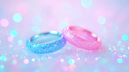 Two shiny blue and pink glitter rings sit on a colorful, shimmering surface, evoking fun.の素材