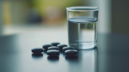 Black tablets placed next to a clear glass of water in a softly lit environment.の素材
