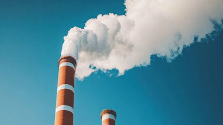 Large smokestacks emit vapor into a clear blue sky near an industrial area, showcasing a typical daytime view.の素材