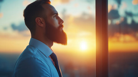 A man stands in profile, admiring a colorful sunset from a tall building window in the city.の素材