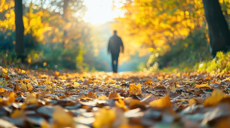 A person strolls down a path surrounded by colorful autumn leaves illuminated by sunlight.の素材