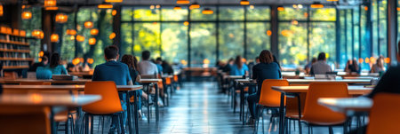 Students focused on their work at tables in a modern library filled with natural light.の素材