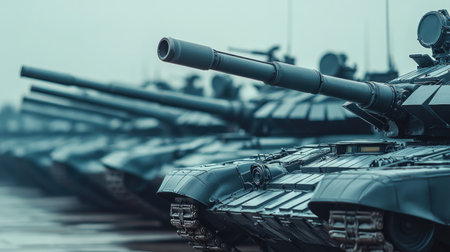 Rows of military tanks stand ready at an exhibition, showing their formidable armor and weaponry.の素材