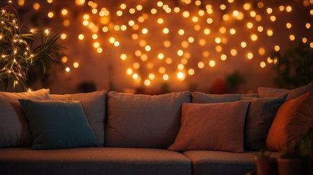 A comfortable sofa adorned with colorful pillows in a warmly lit living room at night.の素材