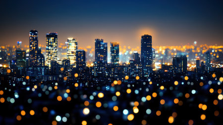 City skyline features glowing skyscrapers illuminated at night against a dark sky with distant lights.の素材