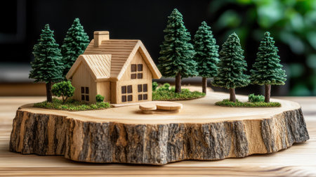 A small wooden house with intricate details is surrounded by miniature pine trees on a wooden base.の素材