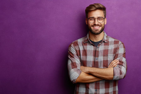 A smiling young man stands with crossed arms in front of a vibrant purple wall. He wears a plaid shirt and glasses, exuding a friendly and approachable demeanor.の素材