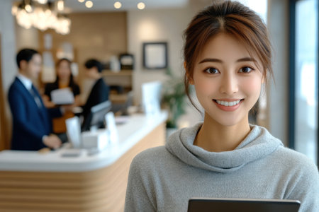 A young woman smiles warmly while holding a tablet in a sleek hotel lobby. Behind her, other staff members assist guests, creating a welcoming atmosphere during the busy daytime.の素材