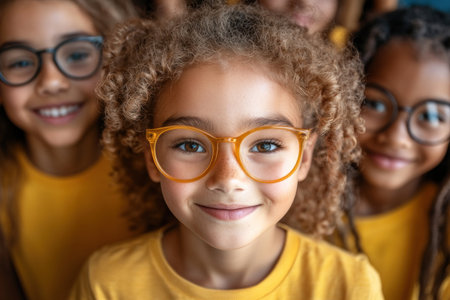 A group of young girls wears matching bright yellow shirts and different styles of glasses. They are smiling joyfully, showcasing a friendly and playful atmosphere in a well-lit indoor space.の素材