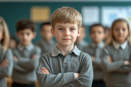 A young boy stands in front of his classmates in a classroom, arms crossed confidently. Other students are lined up behind him, all wearing similar gray sweaters, creating a unified look.の素材