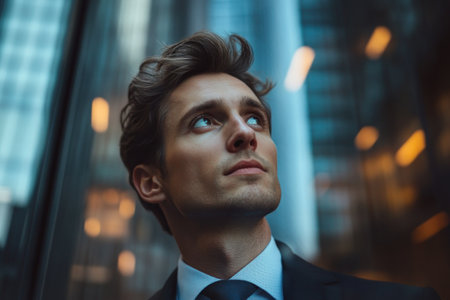 A man dressed in formal attire stands in an urban environment, looking up thoughtfully as the twilight reflects off surrounding buildings, creating a modern atmosphere.の素材