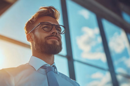A young man with a beard and glasses stands confidently near large windows. The sunlight filters through, casting soft rays that highlight his relaxed demeanor and stylish attire.の素材