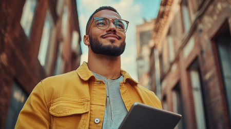 A young man with glasses stands confidently in a vibrant city alley, holding a tablet. The sun gently illuminates the surroundings, enhancing the urban atmosphere.の素材