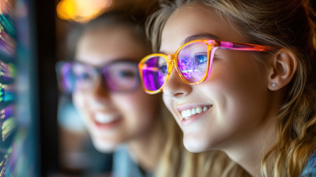 Two young girls are smiling and having fun while wearing vibrant glasses at an amusement arcade. Bright lights and colorful displays surround them, creating an exciting atmosphere.の素材
