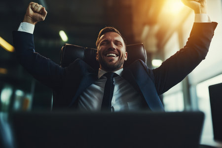 A man in a suit sits in an office chair, raising his arms in triumph. The office features large windows with sunlight pouring in, creating an atmosphere of achievement and joy.の素材