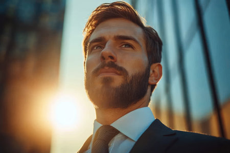 A businessman with a well-groomed beard stands confidently in a suit, gazing into the distance as the sun sets behind urban buildings reflecting warm light.の素材