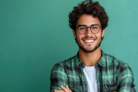 A man with curly hair and glasses smiles warmly while standing with crossed arms against a solid green wall during daylight. His casual style conveys a relaxed mood.の素材