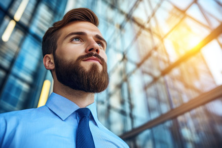 A young man in a blue shirt and tie gazes thoughtfully into the distance, surrounded by a contemporary glass building illuminated by sunset light.の素材