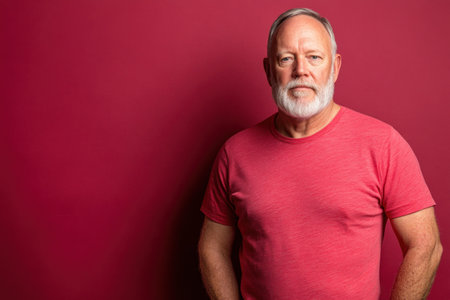 A mature man stands with a relaxed posture, wearing a short-sleeve red shirt. His white beard contrasts with the deep red backdrop, creating a striking visual.の素材