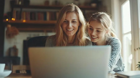 A mother and daughter share a joyful moment while engaging with a laptop at home. They are seated at a table and smiling at the screen, creating a warm and cozy atmosphere.の素材