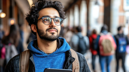 A young man with curly hair and glasses holds a tablet while deep in thought. He stands in a crowded urban area filled with people, showcasing a lively atmosphere during the day.の素材