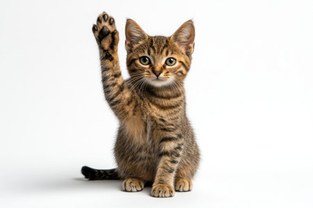 A playful tabby kitten is sitting upright and raising one paw in a friendly manner. The kittens fur is a mix of brown and black stripes, with large expressive eyes that capture attention.の素材