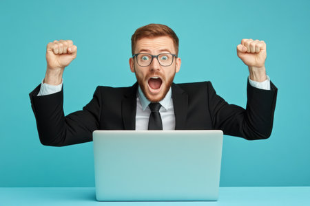 A man dressed in a business suit raises his fists in excitement while sitting at a laptop. The background is a vibrant blue, emphasizing his joy and enthusiasm for an achievement.の素材